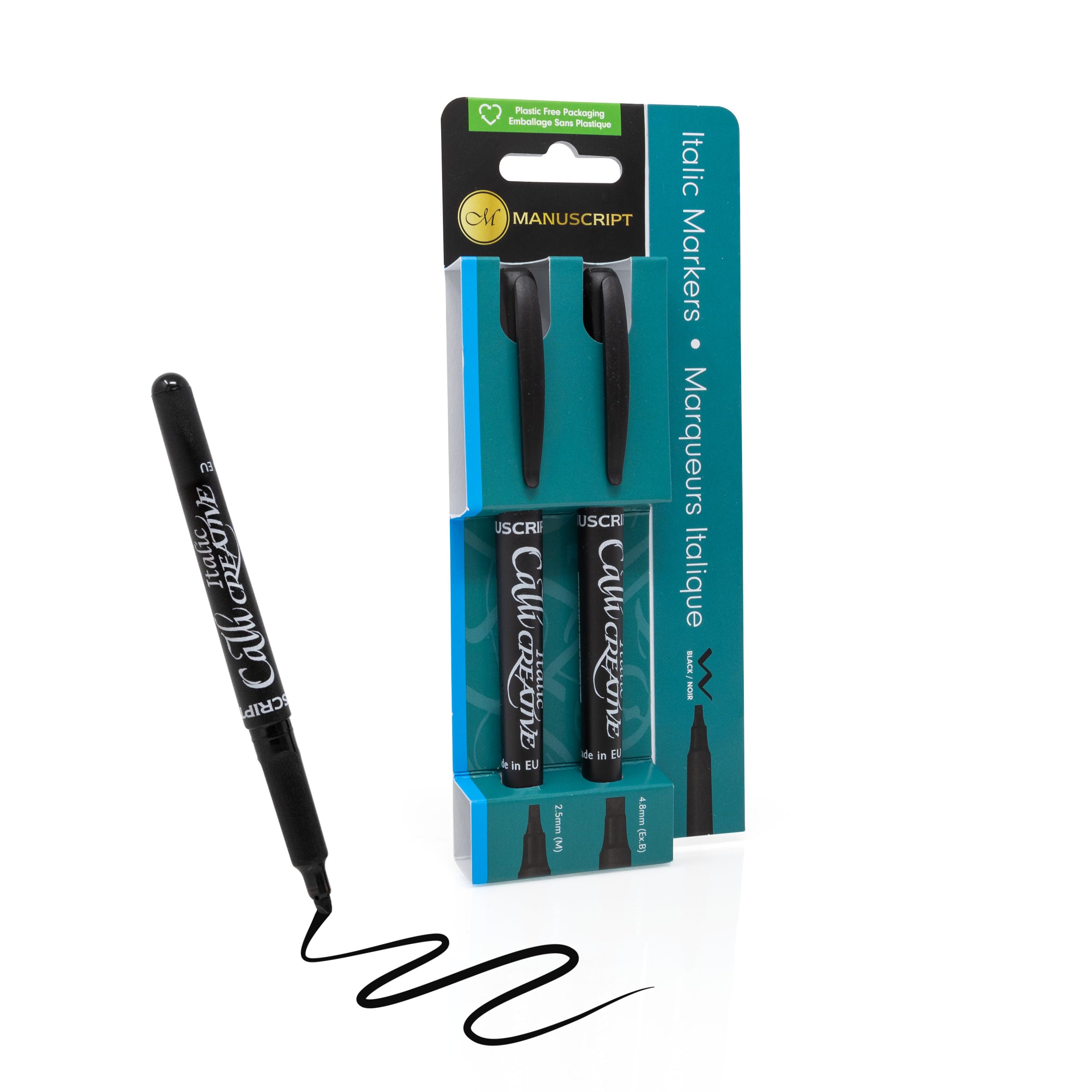 MANUSCRIPT Callicreative Italic Marker Pen | Black Permanent Markers, Perfect as Calligraphy Pens | Set of 2 Pens with Medium & Extra Broad Chisel Tips