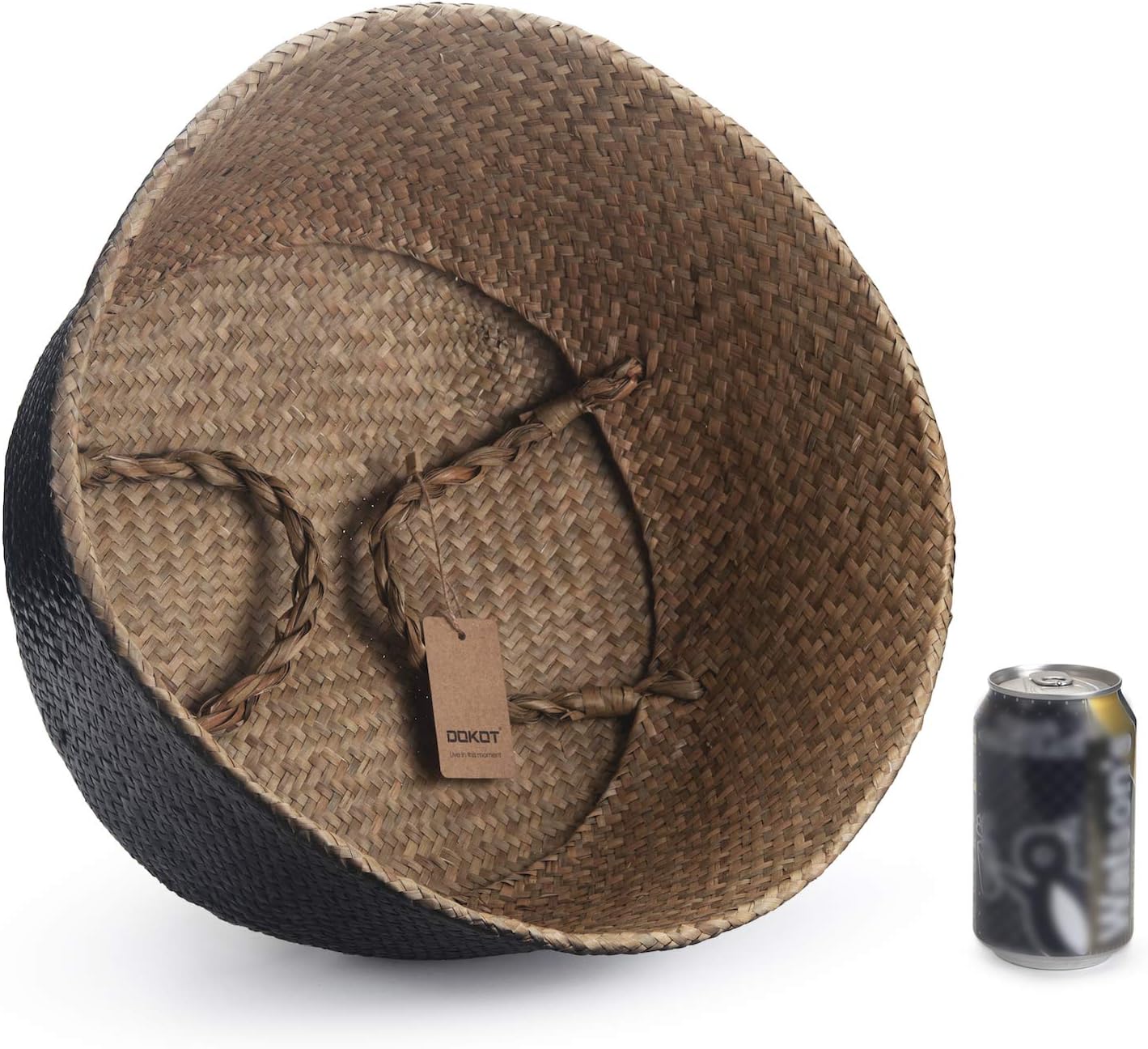 Seagrass Belly Basket Natural Woven Plant Pot Foldable with Handles for Storage Laundry Blankets Toys (Natural + Black) - Image 3