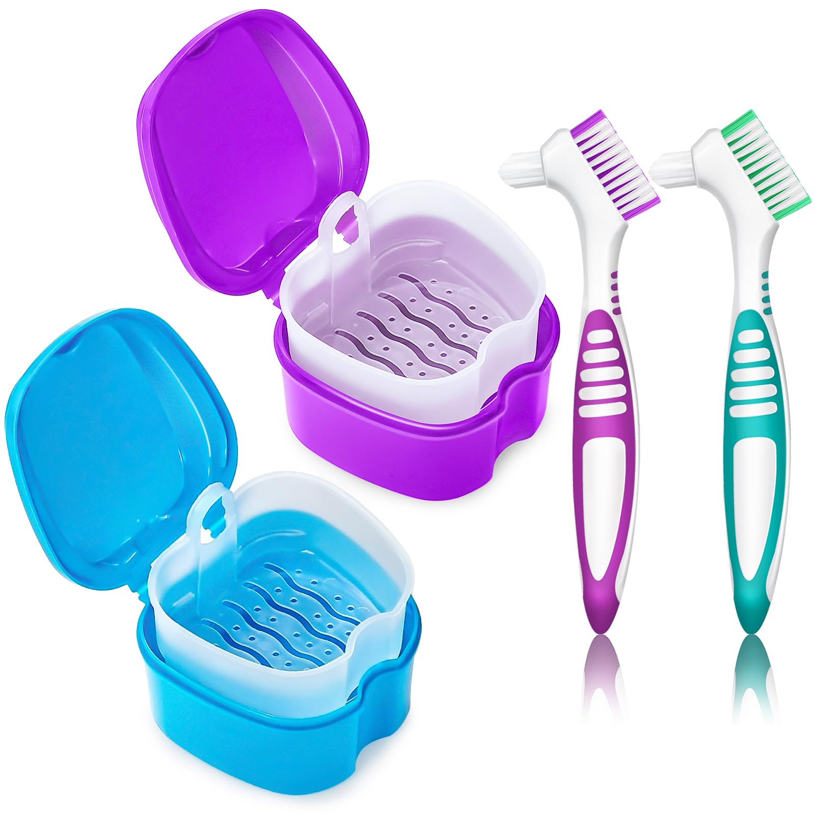 Photo 1 of 2 Pack Denture Cup Denture Bath Holder Case with Strainer Basket, Dental Retainer Cleaner Case False Teeth Container Denture Bath Soaking Cup with 2 Brushes - Purple and Blue