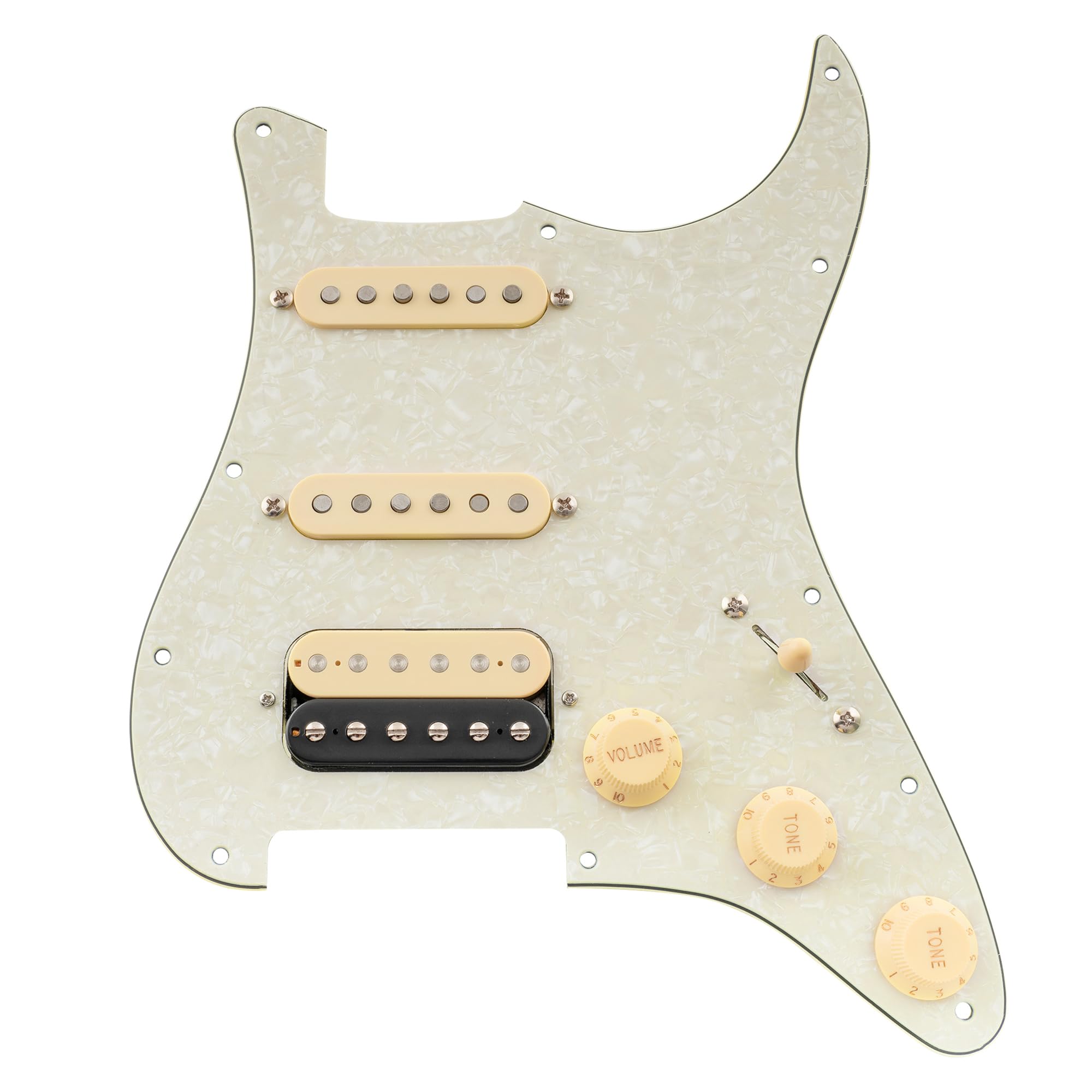 Musiclily Pro Auto-Split Pre-wired Standard HSS Pickguard with Artec Pickups Alnico 5 Magnet for ST Style Electric Guitar, 4ply Aged White Pearl