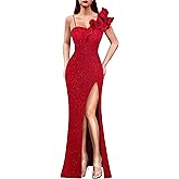 VFSHOW Womens Ruffle One Shoulder Strap Ruched Formal Prom Wedding Maxi Dress V Neck Elegant Split Cocktail Evening Long Gown