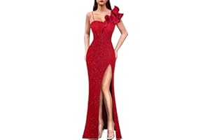 VFSHOW Womens Ruffle One Shoulder Strap Ruched Formal Prom Wedding Maxi Dress V Neck Elegant Split Cocktail Evening Long Gown