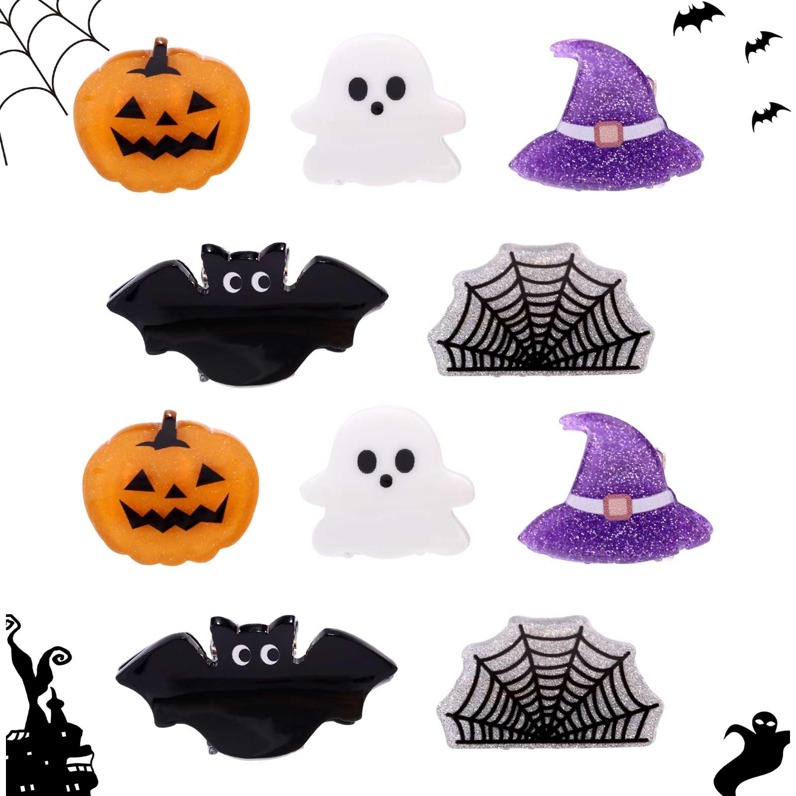 Photo 1 of 10pcs Mini Halloween Hair Claw Clips, Acrylic Mini Hair Clips with Bat Pumpkin Spider Web Ghost Witch Hat Shapes Funny Cute Halloween Accessories