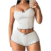 winkbay Women's 2 Piece Polka Dots Pajama Set Summer Bow V Neck Crop Cami top and Mini Shorts Loungewear