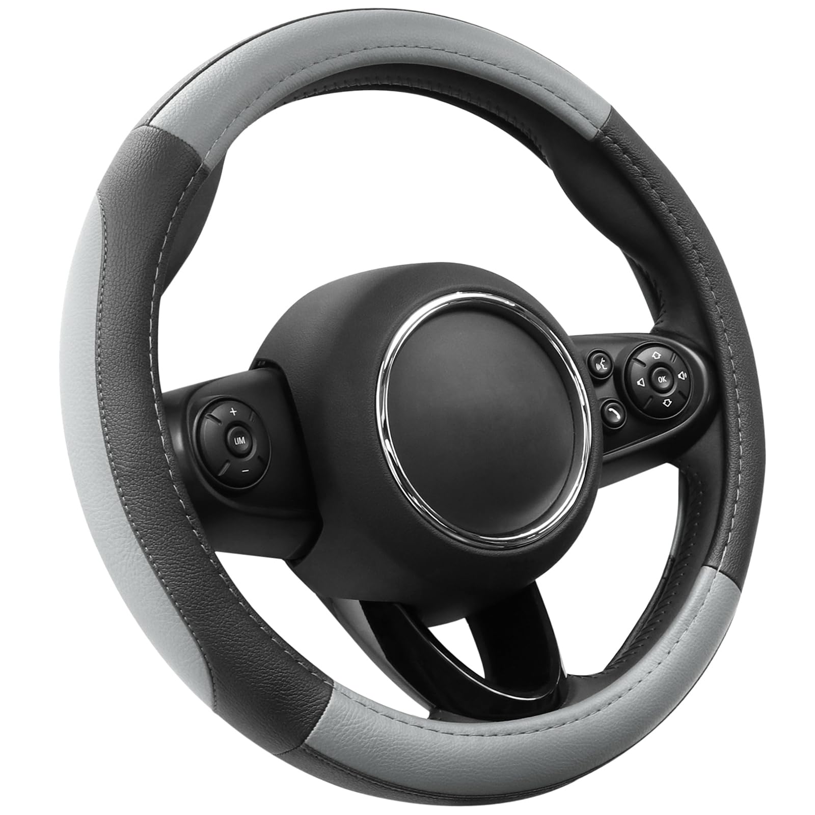 Photo 1 of SEG Direct Car Steering Wheel Cover for Prius Civic Model 3 Model Y Camaro, Small Size 14-14.25 inch, Black and Gray Microfiber Leather