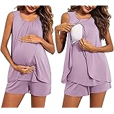 Ekouaer Women Maternity Nursing Pajama Set Breastfeeding Sleepwear Double Layer Sleeveless Top & Shorts Pregnancy PJS