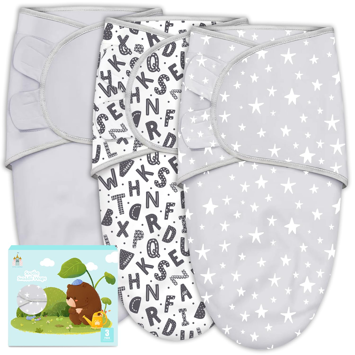 Photo 1 of ***3 PACKS*****Cute Castle 3-Pack Baby Swaddle Sleep Sacks - Newborn Swaddle Sack - Ergonomic Baby Swaddles Blanket Warp for Boys and Girls - Baby Essentials (0-6 Months - Gray, Letters, Stars)