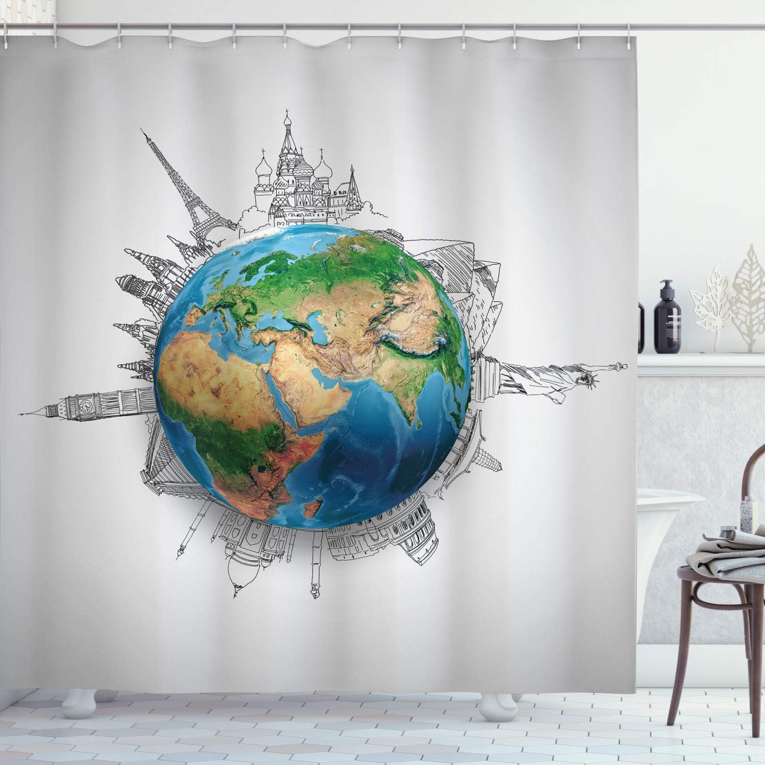 Amazon Com Ambesonne Earth Shower Curtain Globe Of Planet Earth Realistic Continents Geography Theme Pencil Sketch Fabric Bathroom Decor Set With Hooks 70 Inches Blue Green Light Brown Home Kitchen