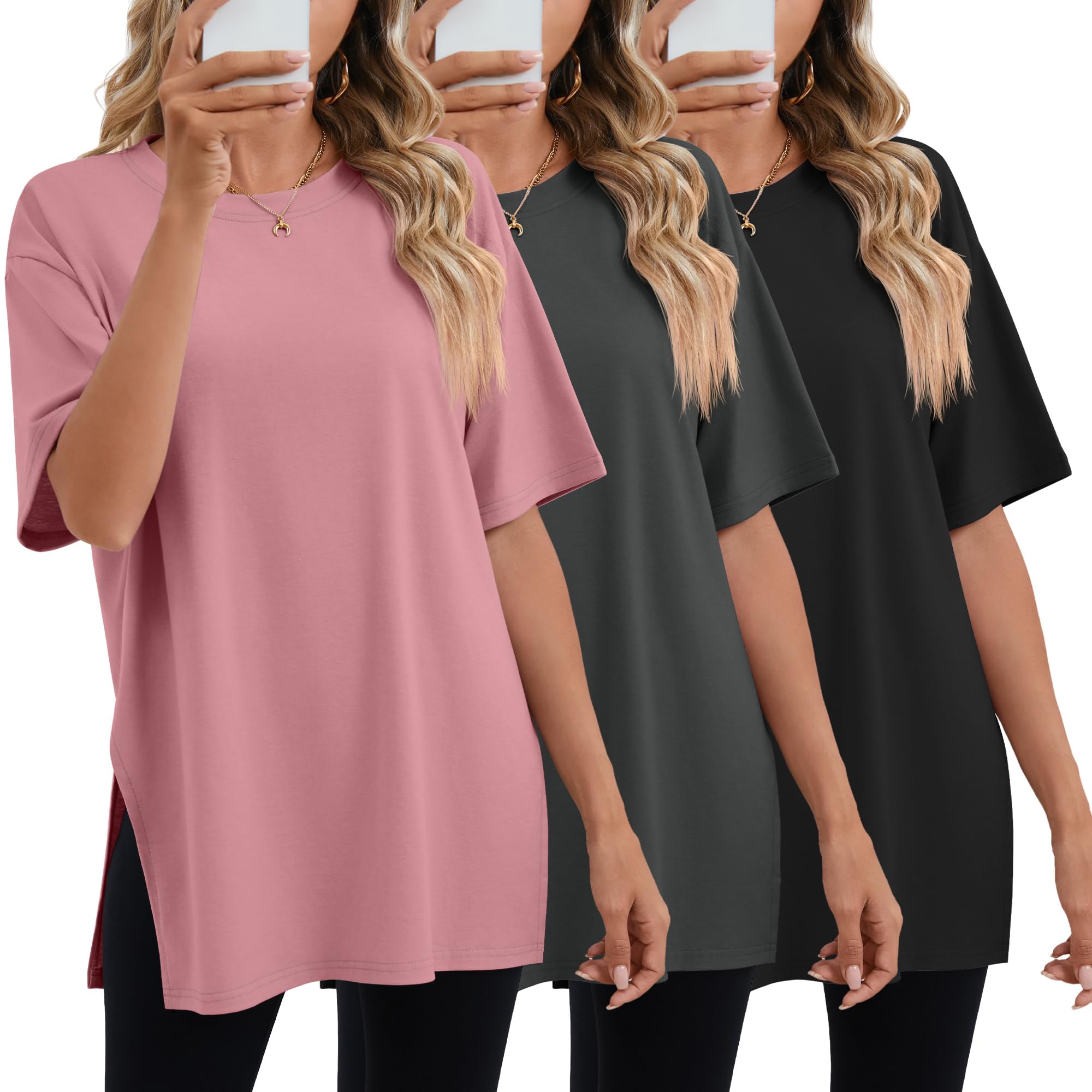 Photo 1 of Huukeay 3 Pack Women's Oversized Gym T Shirts Cotton Short Sleeve Side Split Crewneck Tops Casual Workout Baggy Basic Tee(Black, Dark Gray, Rose Pink,Large)
