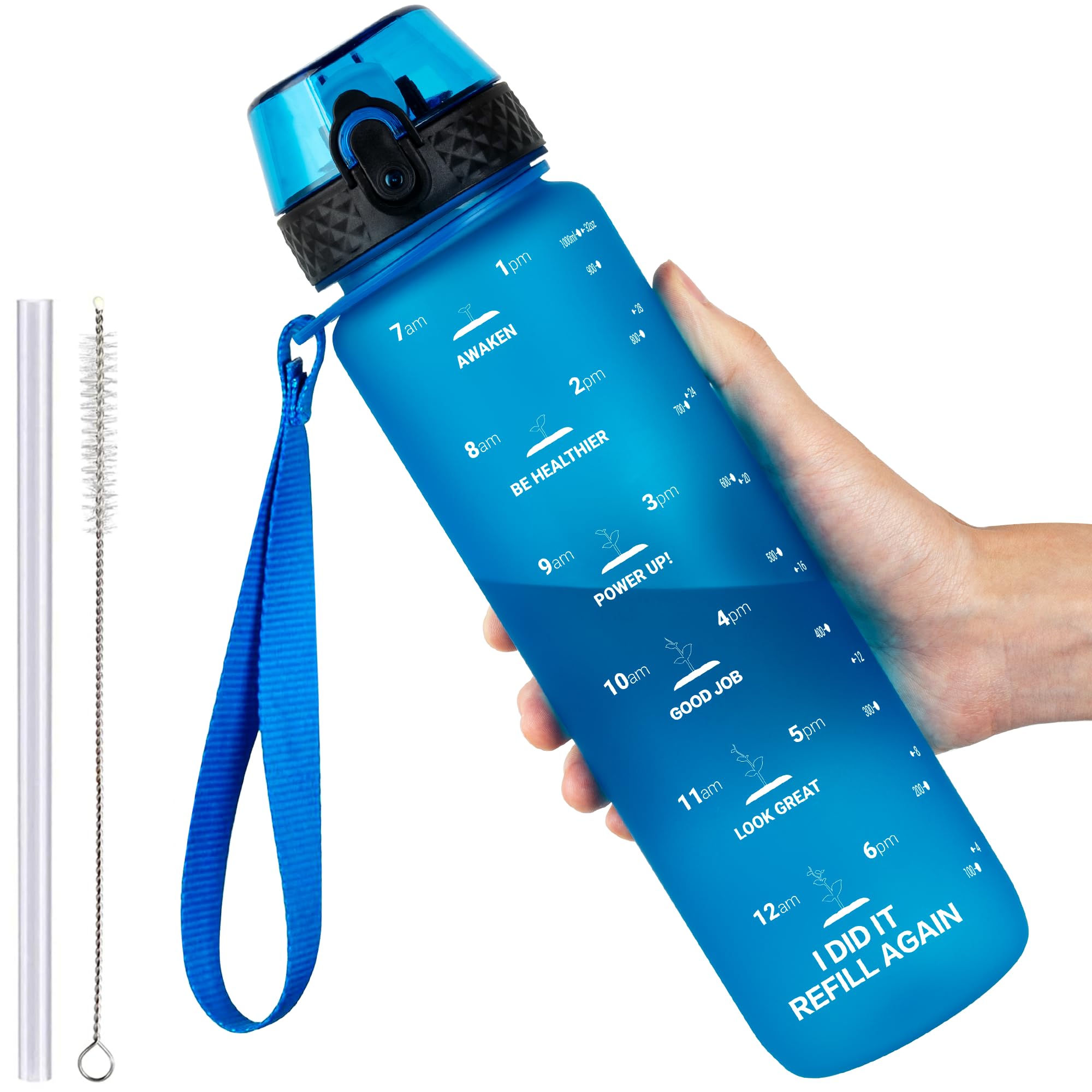 GOPPUS 1L/32oz Tritan Water Bottle with Straw-Soft Matte Finish Leakproof Drink Bottle with Measurements Bottles with Flip Top Motivational Bottles with Time Marks for Adults BPA Free (Blue)