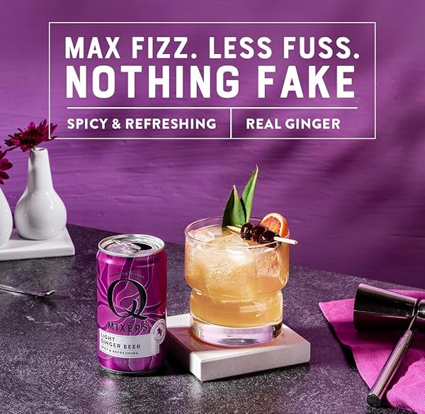 Q LIGHT GINGER BEER WITH REAL GINGER & ORGANIC AGAVE – IDEAL FOR COCKTAILS & MOCKTAILS – MADE WITH REAL INGREDIENTS, PERFECTLY CARBONATED, & LESS SWEET – 40 CALORIES PER CAN – 7.5 FL OZ (PACK OF 24)