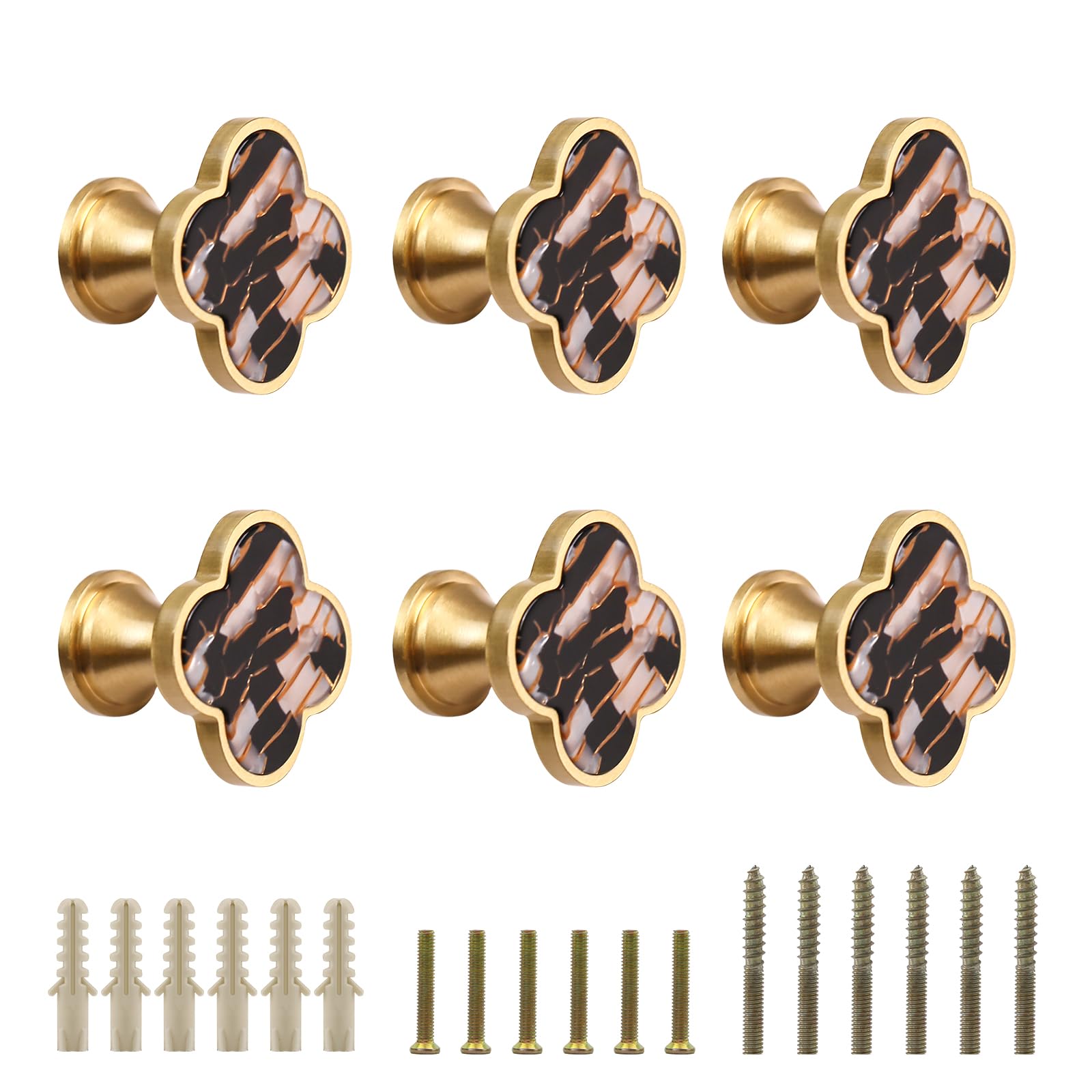 EVERGD 6/9pcs 28mm Four-Leaf Brass Gold Clover Knobs Cabinet Door Knobs Drawer Pulls with Screws, Handle Brushed Brass Dresser Drawer Pulls Handles Coat Hook Single Hole (Amber&Black, 6)