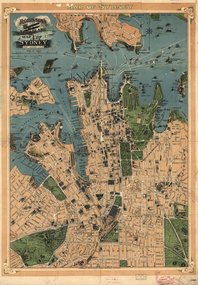1922 map Robinson's Aeroplane map of Sydney|Size 16x24 - Ready to Frame| Australia|New South Wales|Sydney|Sydney NSW
