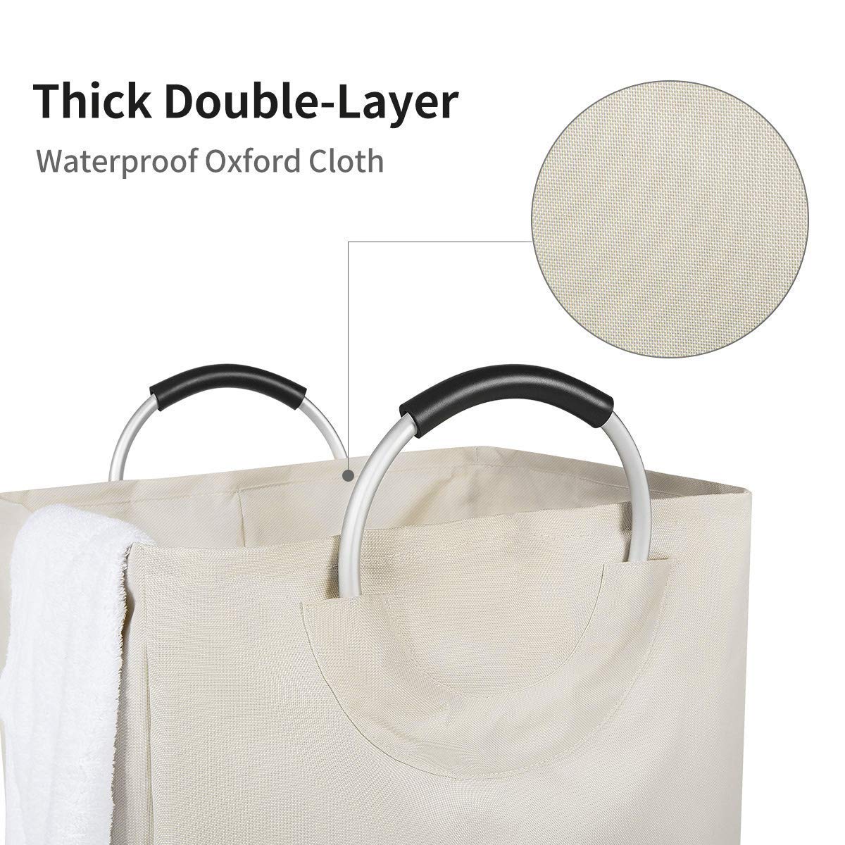 WISHPOOL Double Large Foldable Laundry Hamper Basket Divided Handy Stand Collapsible Laundry Basket Waterproof Bag Bin Organizer Storage Corner with Handles (Beige)