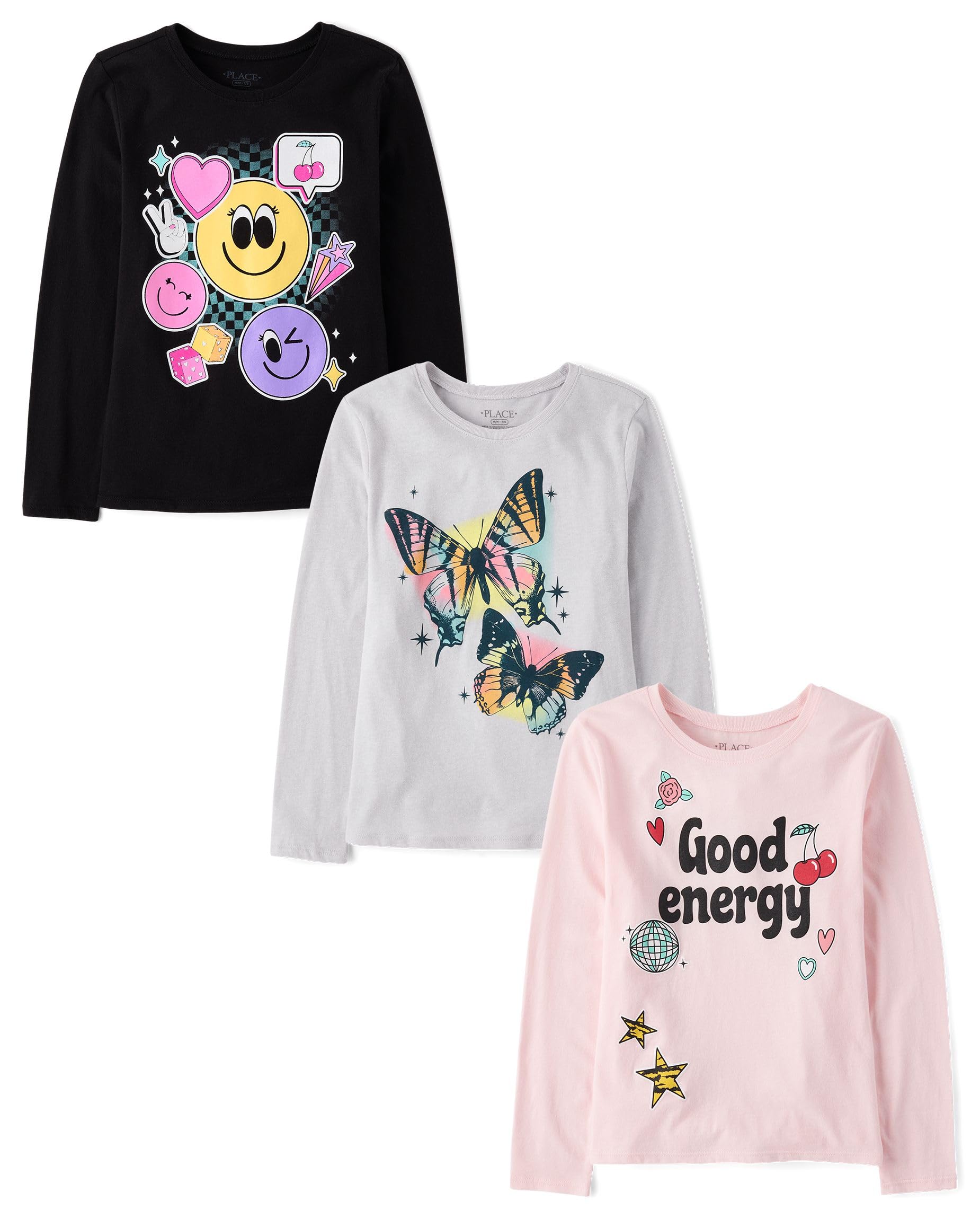 The Children's Place,Girls,Assorted Everyday Long Sleeve Graphic T-Shirts,Positive/Emojis/Butterfly 3-Pack,XX-Large Image