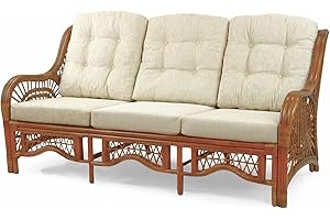 WICKERIX Malibu Lounge Three-Seater Sofa Natural Rattan Wicker Handmade Design with Cream Cushions, Colonial