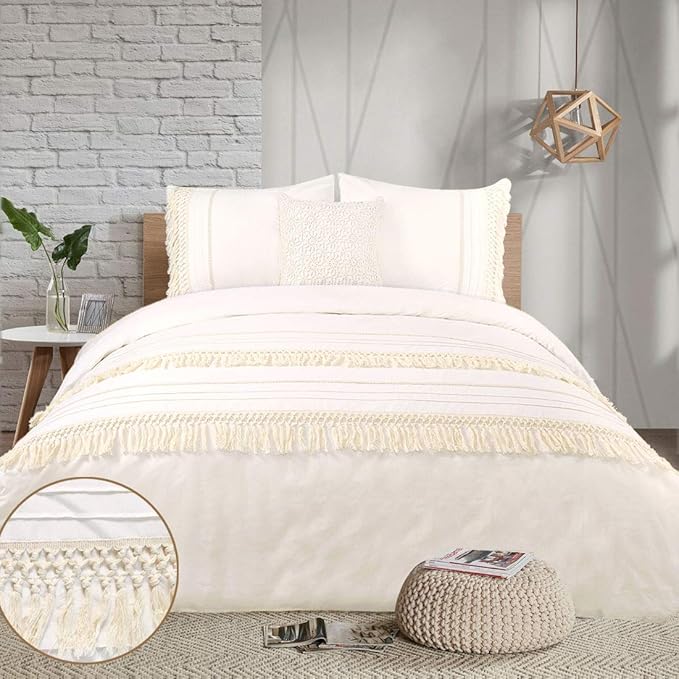 YINFUNG Boho Duvet Cover Queen Ivory Tassel Cream Macrame Crochet Boho
