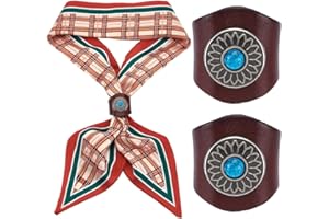 CABODYALS 2Pcs Brown Flower Pu Leather Scarf Ring Buckle Clip Vintage Western Bandana Neckerchief Clasp Clips Boho Silk Scarv