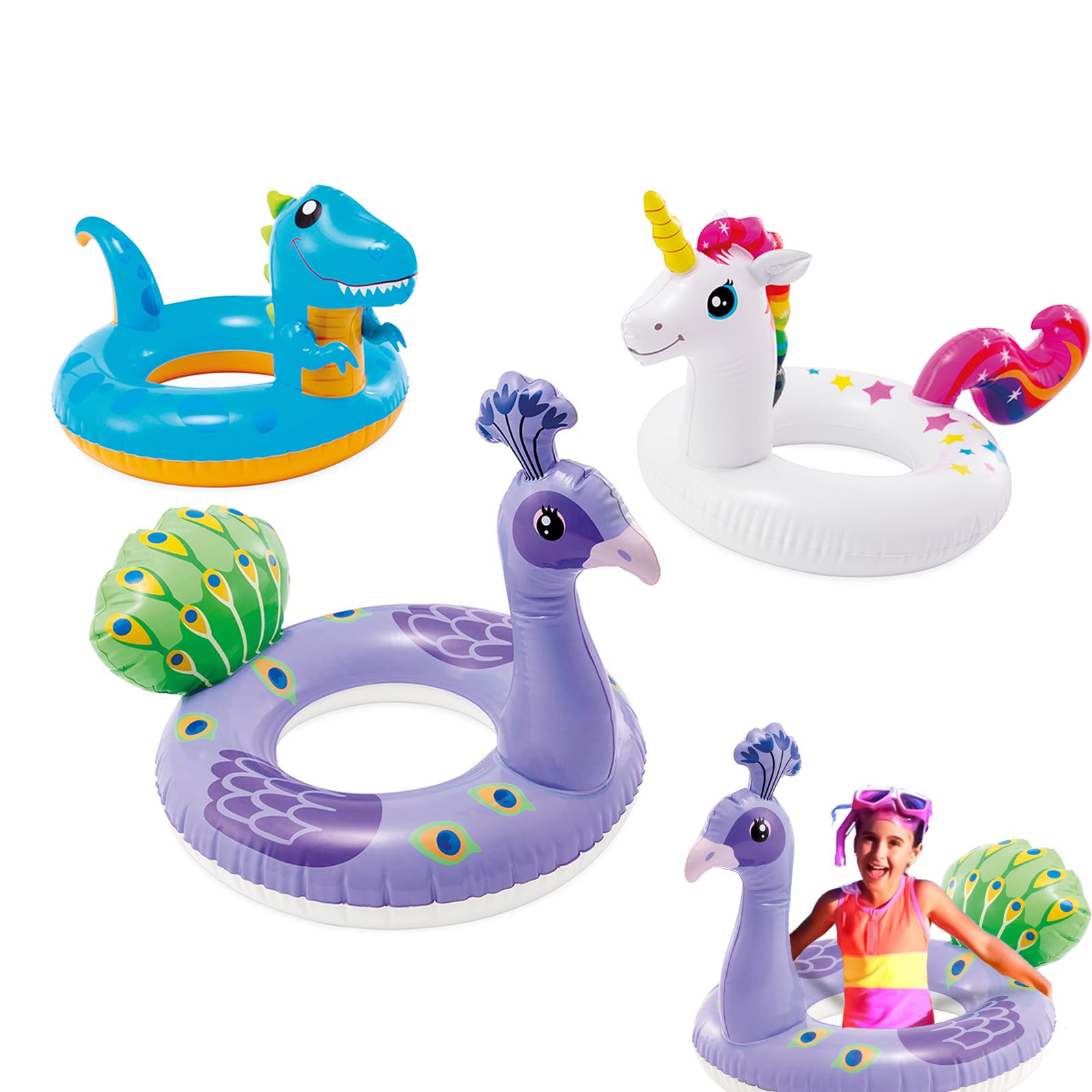 3Pcs Pool Inflatables for Kids Age 2-6, Swimming Dinosaur Unicorn Peacock Rubber Ring Pool Floats Swimming Pool Toys for Children, Swim Ring with Tails for Boys Girls Summer Beach Water Party Toys