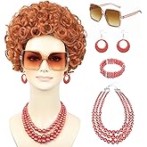 morvally Short Red Orange Curly Wig for Women Costume with Sunglasses and Jewelry Reddish Orange Synthetic Hair Wigs for Halloween Party