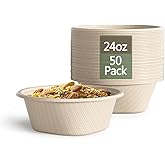 24 Oz Disposable Paper Bowls - Heavy Duty Disposable Bowls - Made from Natural Bagasse - Disposable Bowls for Hot Soup, Salad, Dessert, and More [50 Pack]
