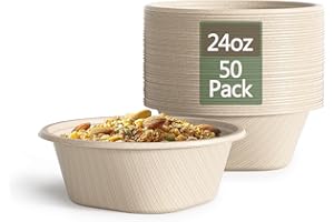 HOMESTOCKPLUS 24 Oz Disposable Paper Bowls - Heavy Duty Disposable Bowls - Made from Natural Bagasse - Disposable Bowls for Hot Soup, Salad, Dessert, and More [50 Pack]