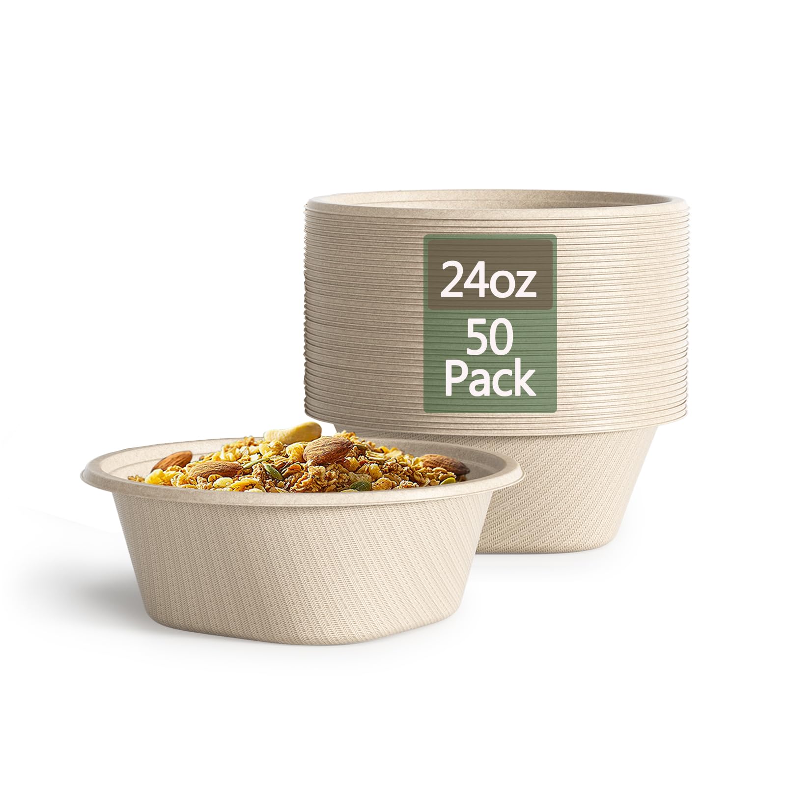 Photo 1 of 24 Oz Disposable Paper Bowls - Heavy Duty Disposable Bowls - Made from Natural Bagasse - Disposable Bowls for Hot Soup, Salad, Dessert, and More [50 Pack]