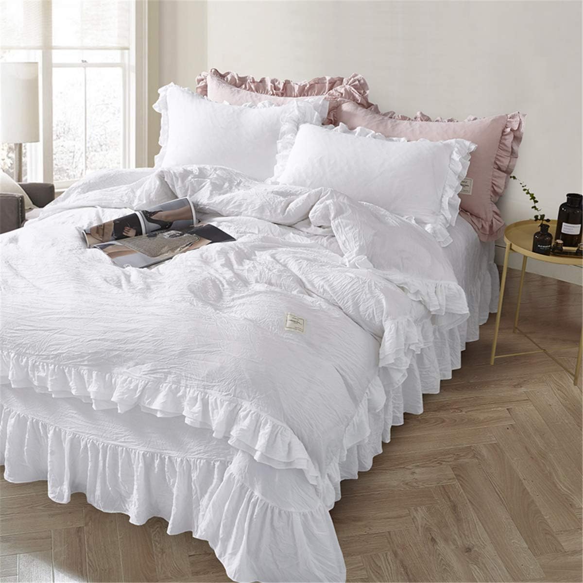 MooWoo Ruffle Duvet Cover Set, Soft and Breathable Washed Microfiber