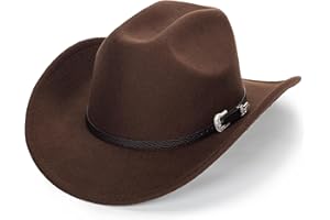 MEALAH Classic Western Felt Cowboy Cowgirl Hat for Women Men Wide Brim Belt Buckle Cowboy Hat (Size:Medium-Large)