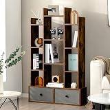 COSTWAY 12-Tier Tree Bookshelf Rustic Brown Wooden Bookcase with Folding Drawer view 9