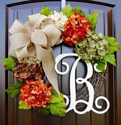 Amazon Com Hydrangea Wreath With Monogram Letter Option Made Of Orange Green Cream And Brown Hydrangeas With Three Bow Options On Grapevine Base Handmade