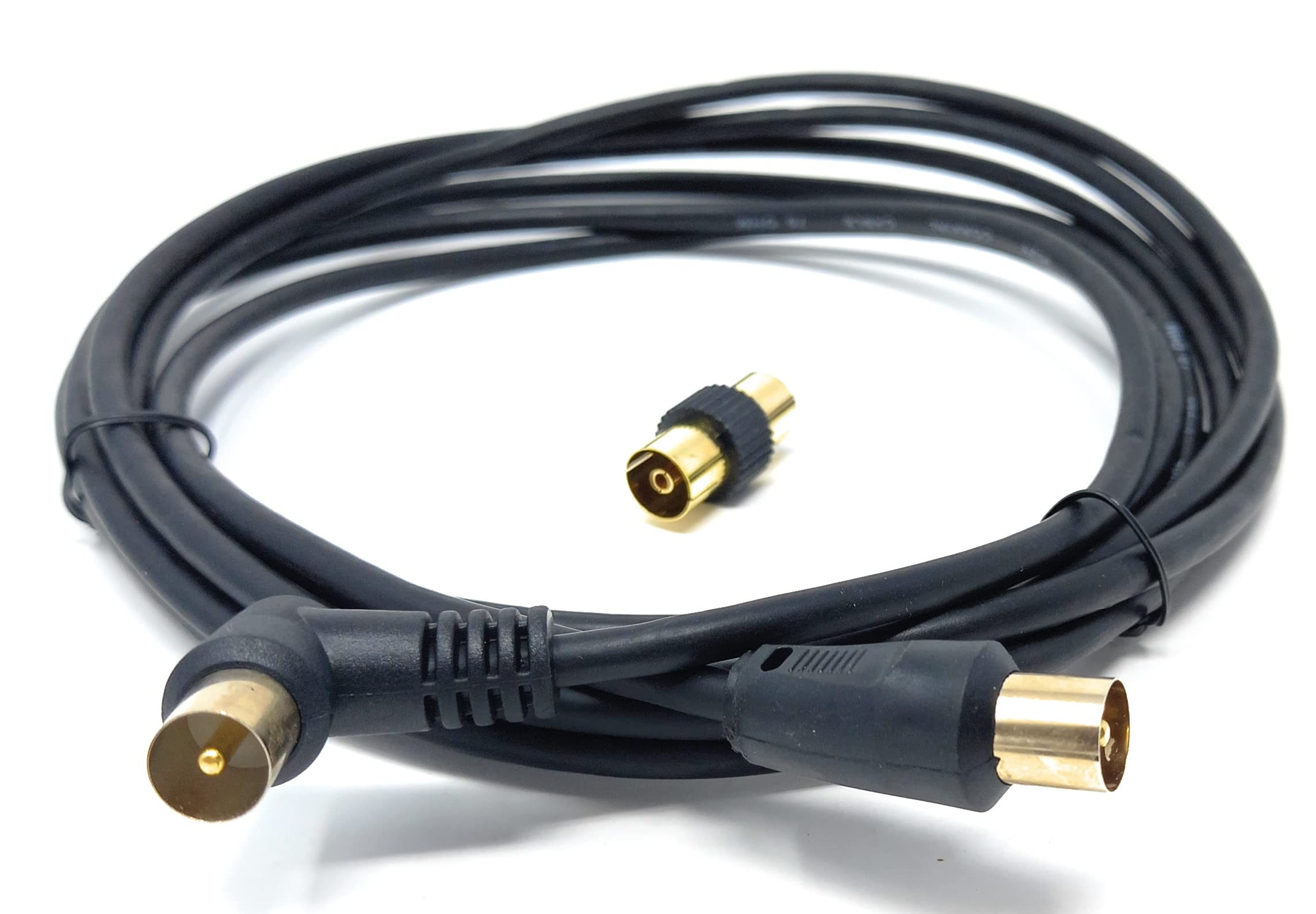 DRUT 1.5m TV RF Right Angle Male to Male Aerial Antenna Coaxial Cable With Female to Female Coupler Gold Connectors 75 ohm, 3C2V (5ft, Black)