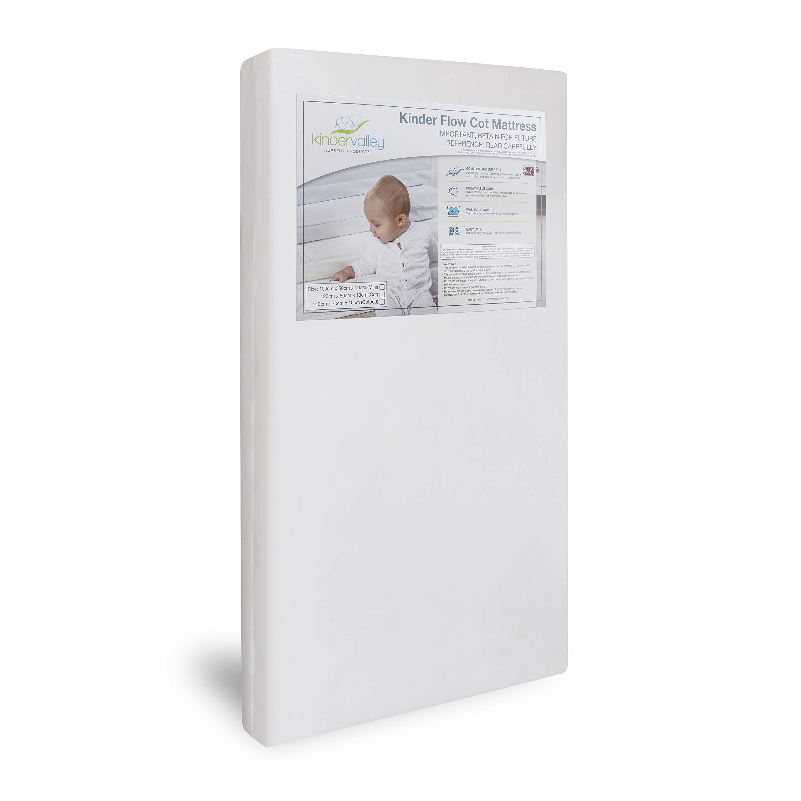 Kinder Valley Baby Cot Mattress - Hypoallergenic Kinder Flow Cot Mattress, Toddler Cot Mattress with Water Resistant Cover, Suitable for Newborns | (White, 120cm x 60cm)