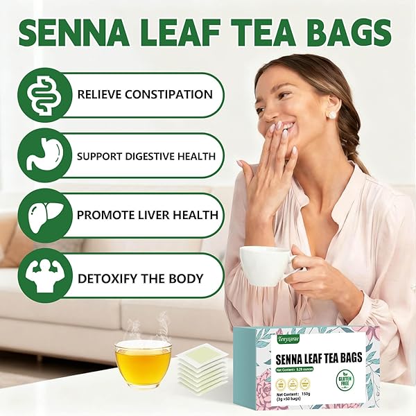 SENNA TEA BAGS, 50 TEABAGS, 3G/BAG, MADE WITH 100% NATURAL SENNA LEAVES. CAFFEINE-FREE | SUGAR-FREE | GLUTEN-FREE | VEGAN. ECO-FRIENDLY TEA BAGS