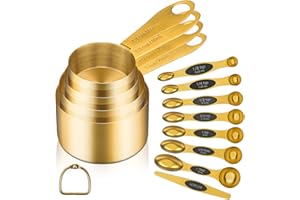GuDoQi Gold Magnetic Measuring Spoons and Cups Set of 12, 8 Dual Sided Magnetic Measuring Spoons set with Leveler, 4 Measuring Cups, Premium Stainless Steel, Measuring for Liquid and Dry Ingredients