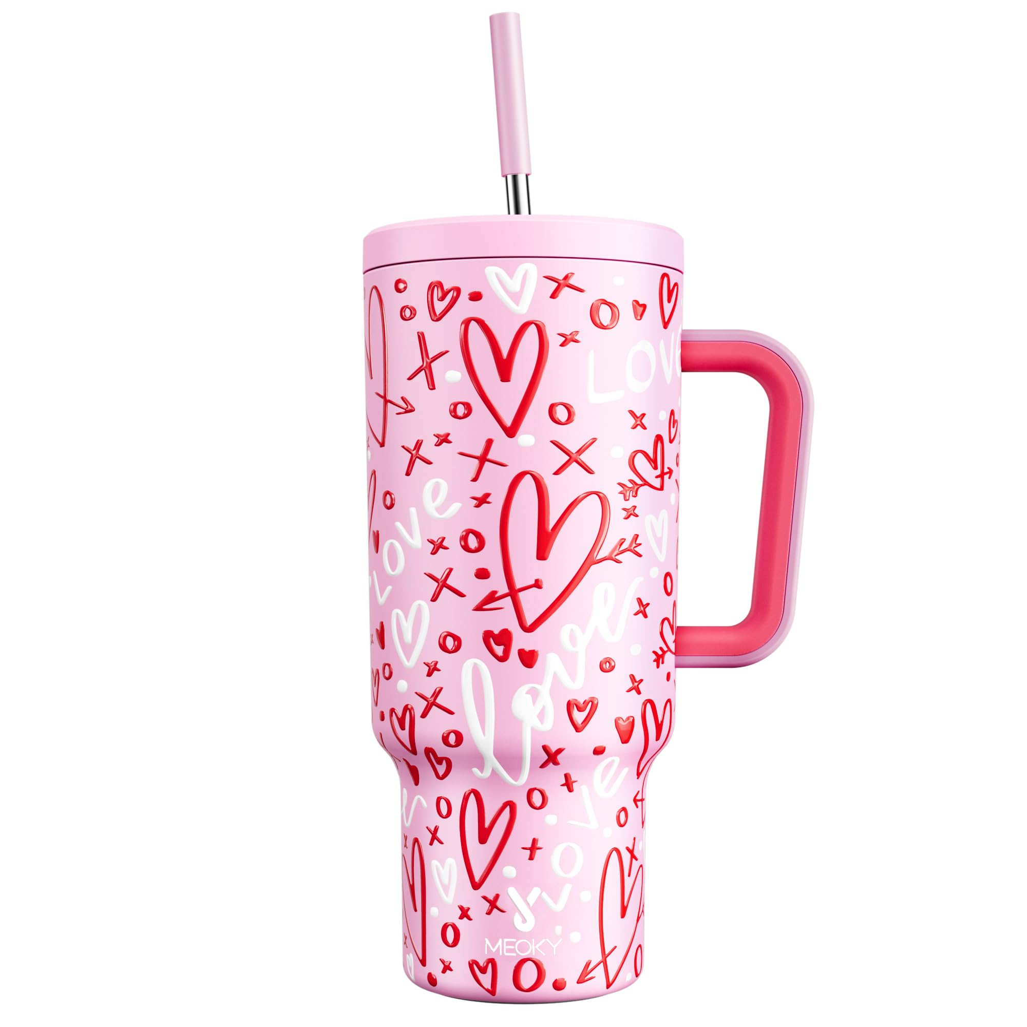 Meoky 40 oz Tumbler with Handle and Straw, Valentines Day Tumbler with Lid and Straw, Insulated Stainless Steel Travel Mug, 100% Leak-proof, Keeps Cold for 34 Hours or Hot for 10 Hours (Fancy)