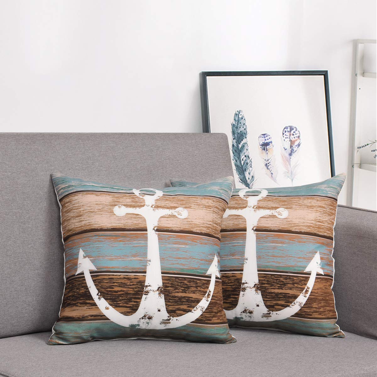 BLEUM CADE Nautical Anchor Rustic Wood Throw Pillow Cover Anchor Throw Pillow Case Set of 2