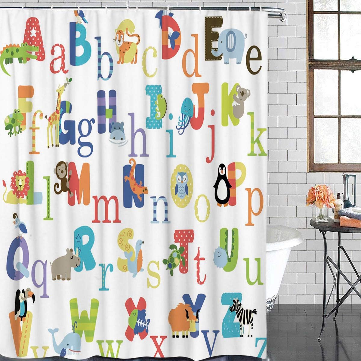Arts Language Printing Bathroom Shower Curtain Cute Cartoon Animal Alphabet Bath Curtains for Kids/Boys/Girls Bathroom Decor Waterproof Polyester Fabric Shower Curtain with Hooks 66x72in