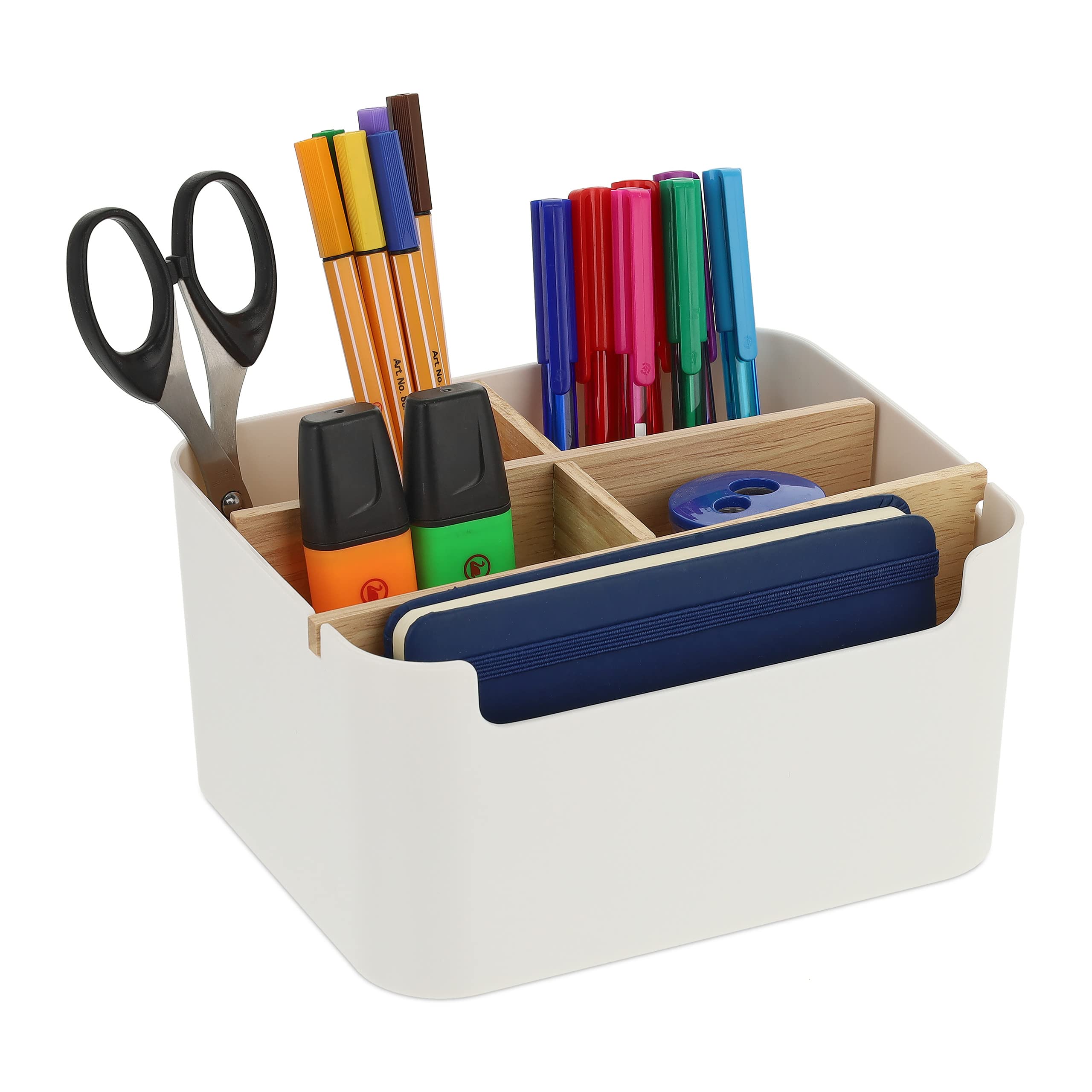 Relaxdays Desk Organiser, 5 Compartments, Plastic and Wood, H x W x D: 9,5 x 18 x 15 cm, White