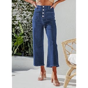 2026 Trendy High Waist Button Front Wide Leg Cropped Jeans for Women Casual Pants