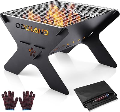 Odoland Camping Fire Pit 2 in 1 Wood Burning Grill with Grate Carry Bag