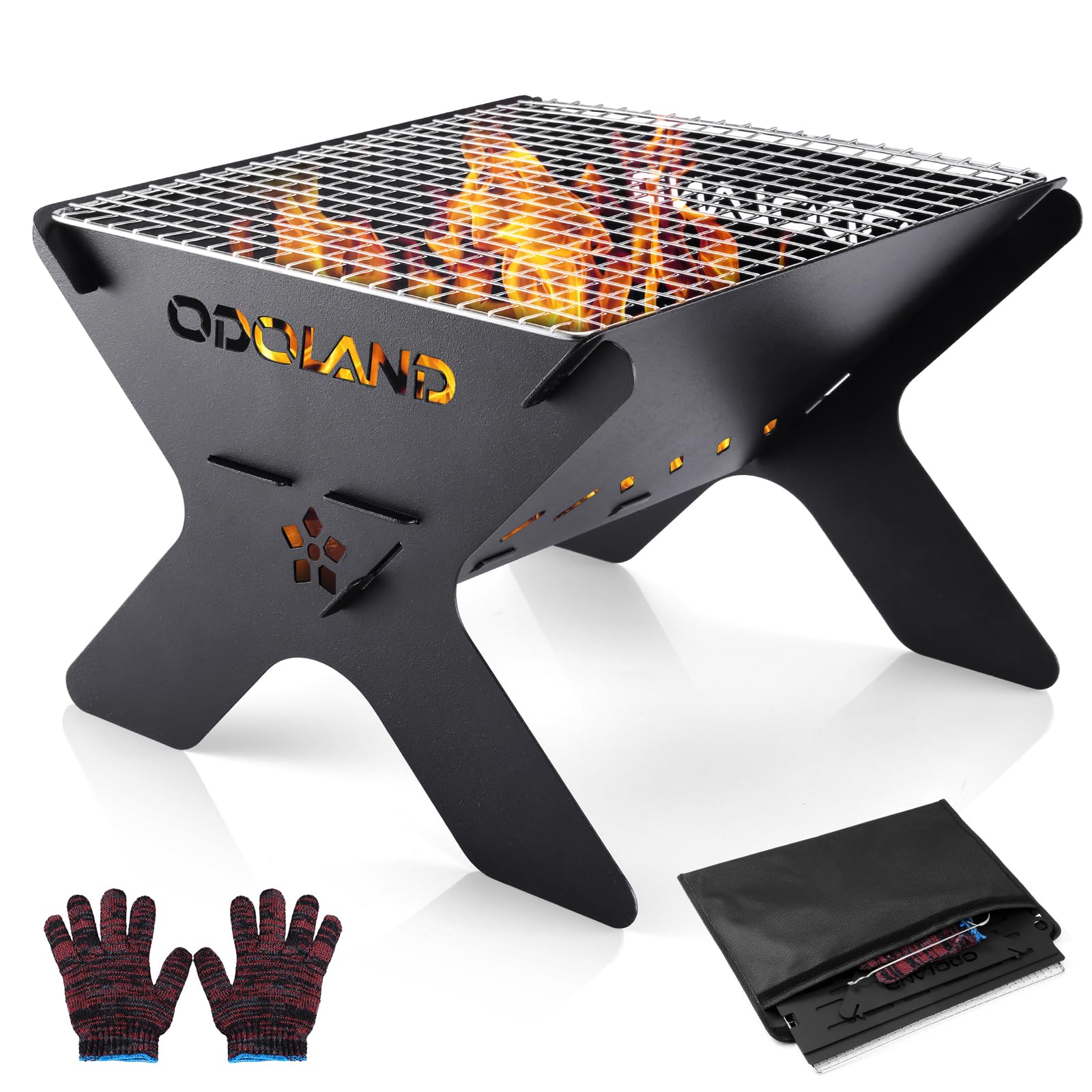 Odoland Camping Fire Pit, Portable Fire Pit for Camping, 2 in 1 Wood Burning Fire pit Grill with Detachable Cooking Grate for Outdoor BBQ, with Carry Bag