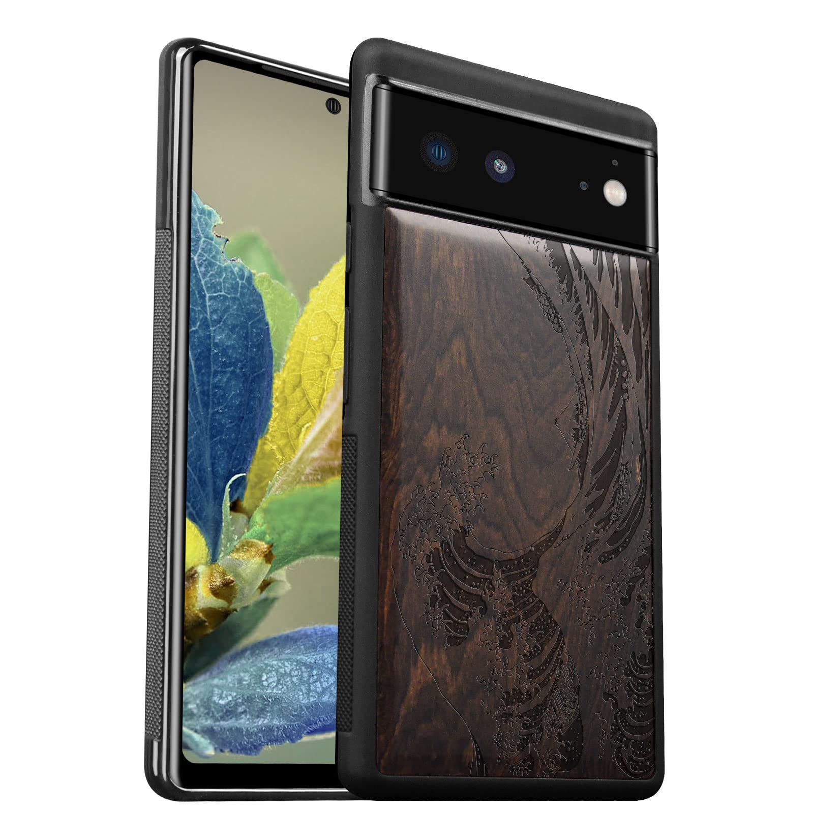 Carveit Luxury Case for Pixel 6 Phone Cover [Classic Art Collection laser engraving art pattern] Shockproof TPU Bumper Compatible with Google Pixel 6 Case (The Great Wave Off Kanagawa-Blackwood)
