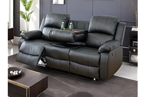 Dekmxas 3 Seater Modern Reclining Sofa Couch Manual Recliner Sofa Living Room Furniture Black Vegan Leather Reclining Couch with Cup Holder/Flip-Down Table for Home Theater/Rv Car (Black,3Seater Sofa)
