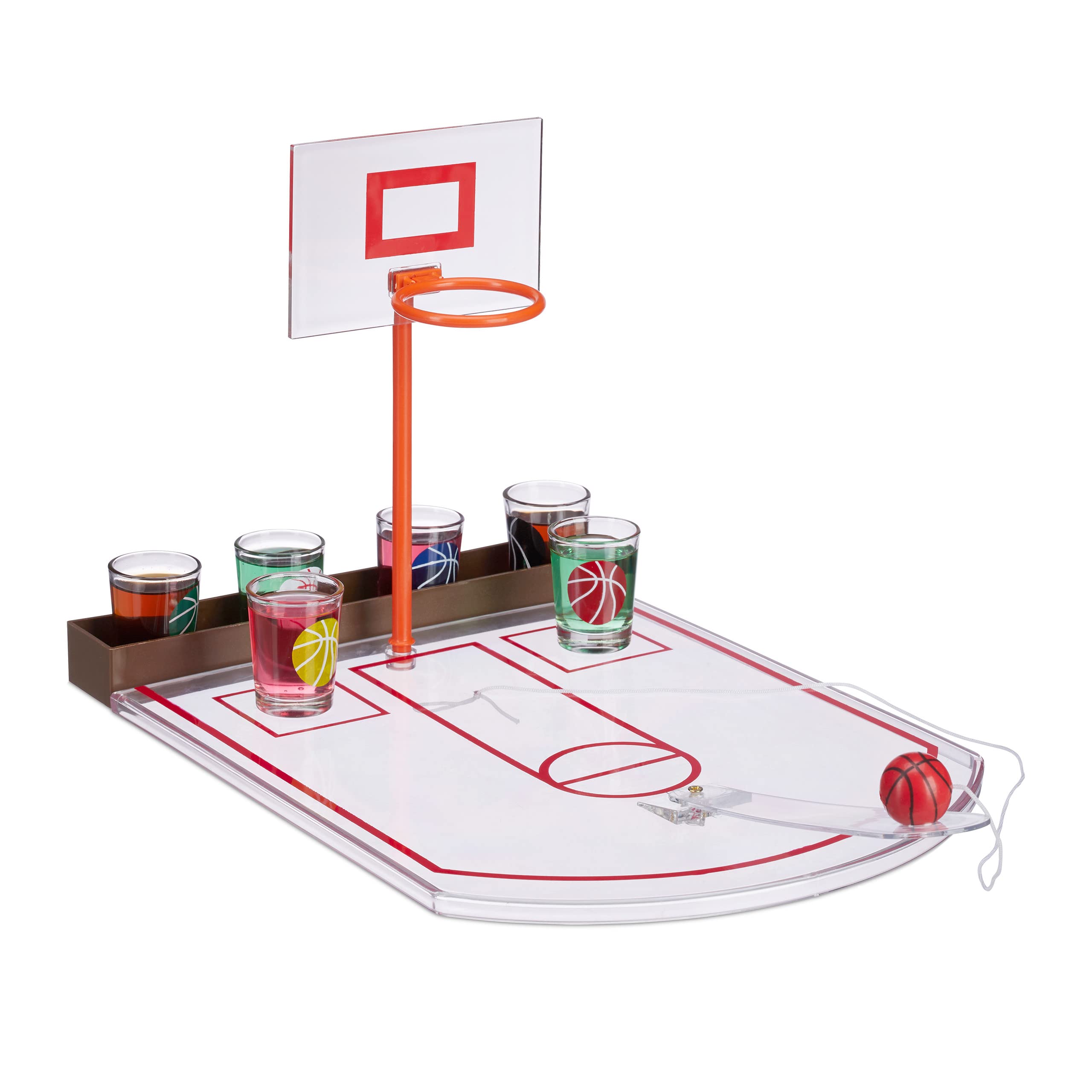 Relaxdays Basketball Drinking Game, 6 Shot Glasses, Basket + Ball, Party Game HxWxD 22.5 x 24 x 44 cm, Transparent