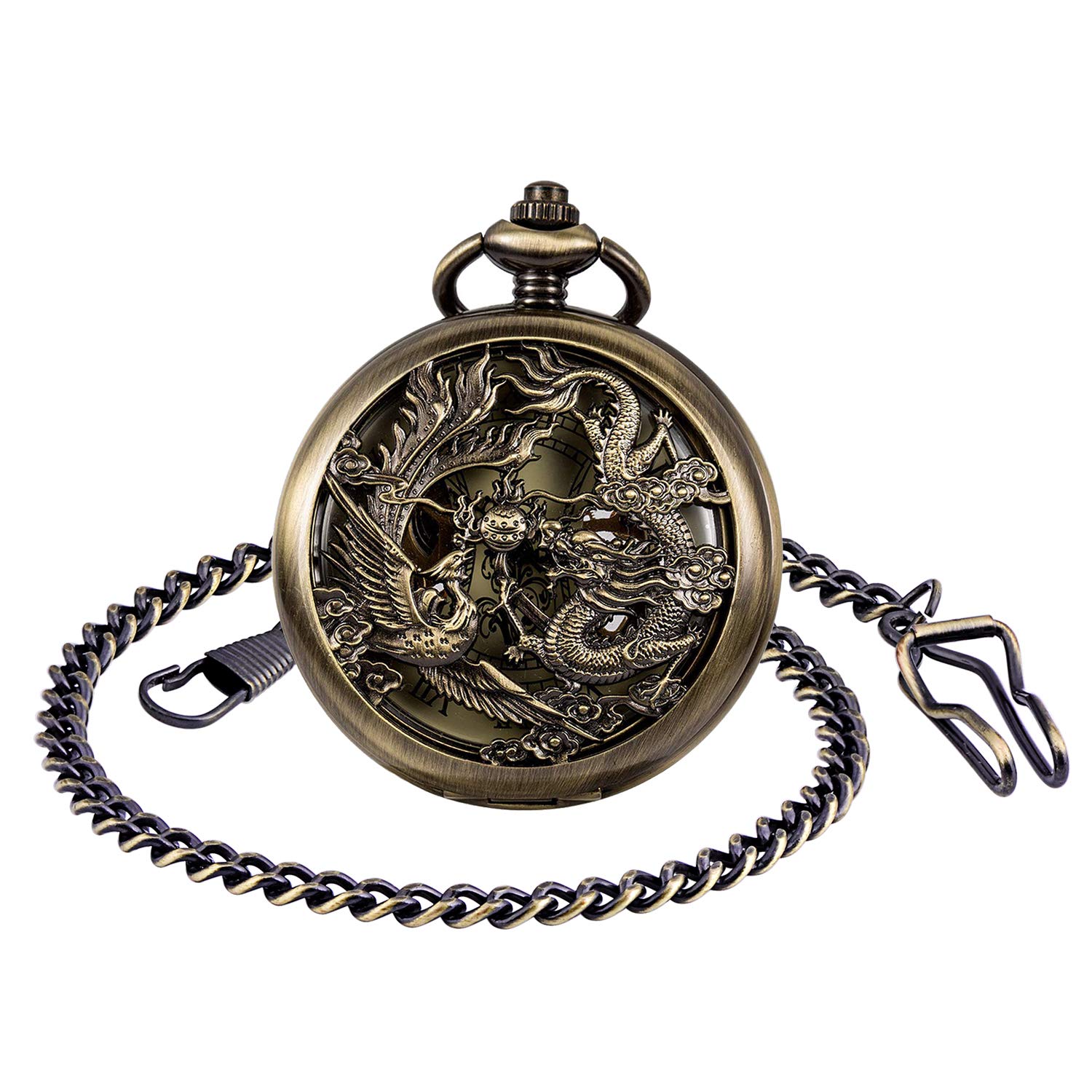 Infinite U Pocket Watch Dragon & Phoenix Vintage Mechanical Steampunk Skeleton Roman Numerals Fob Watch with Chain for Men Women