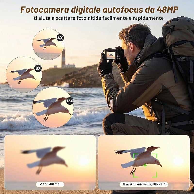 4K Macchina Fotografica 48MP Autofocus Fotocamera Digitale Compatta 2.8'' Schermo Flip 180° con Zoom 16X Vlogging Camera con 32G Scheda per Adolescenti Principianti Adulti (Nero) — foto 4 di 7
