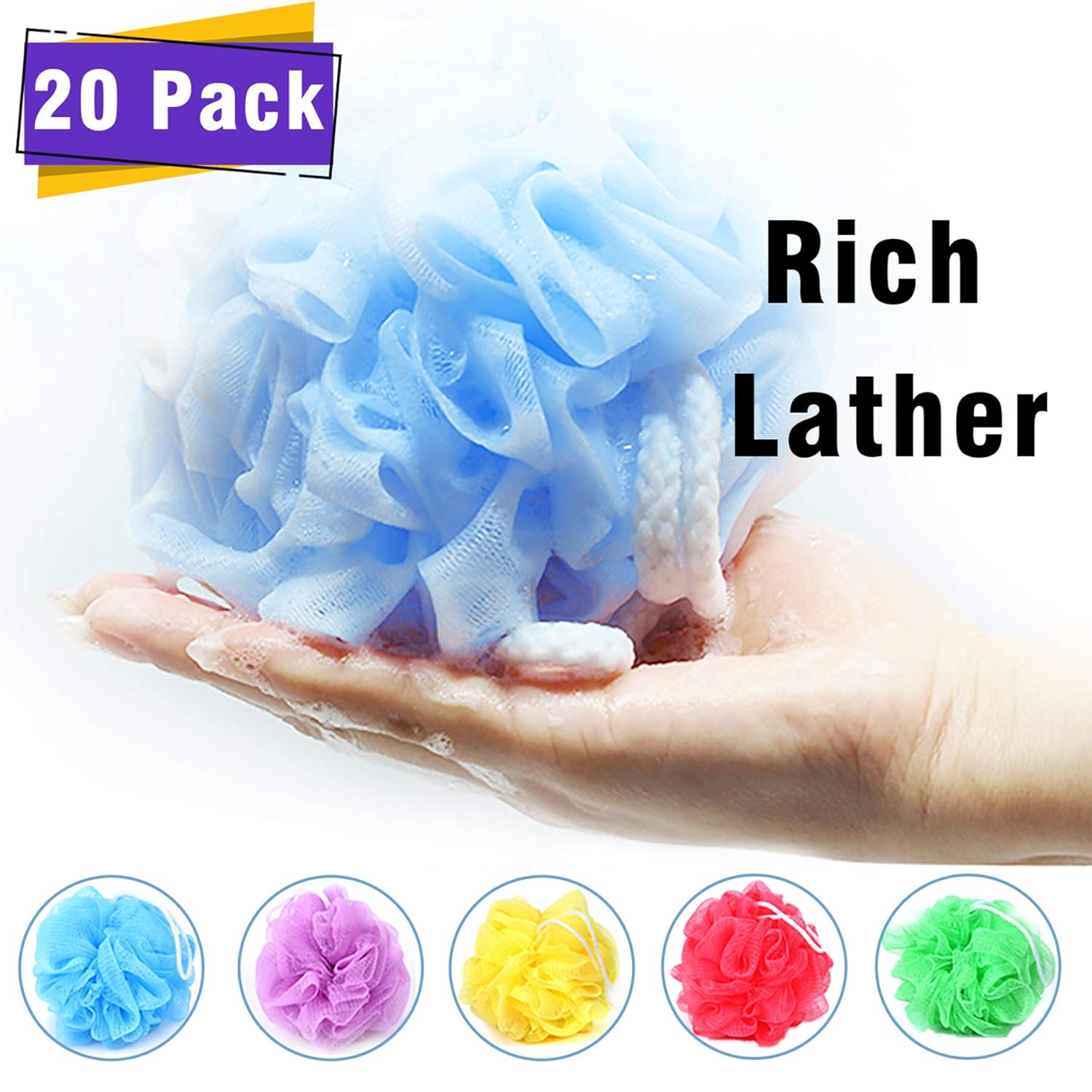 Bath Shower Sponge Loofahs [20 Pack,50g/Pcs] Bulk Assorted Colors, Mini Mesh Pouf Bath Poof Shower Ball, Mesh Bath and Shower Sponge: Beauty