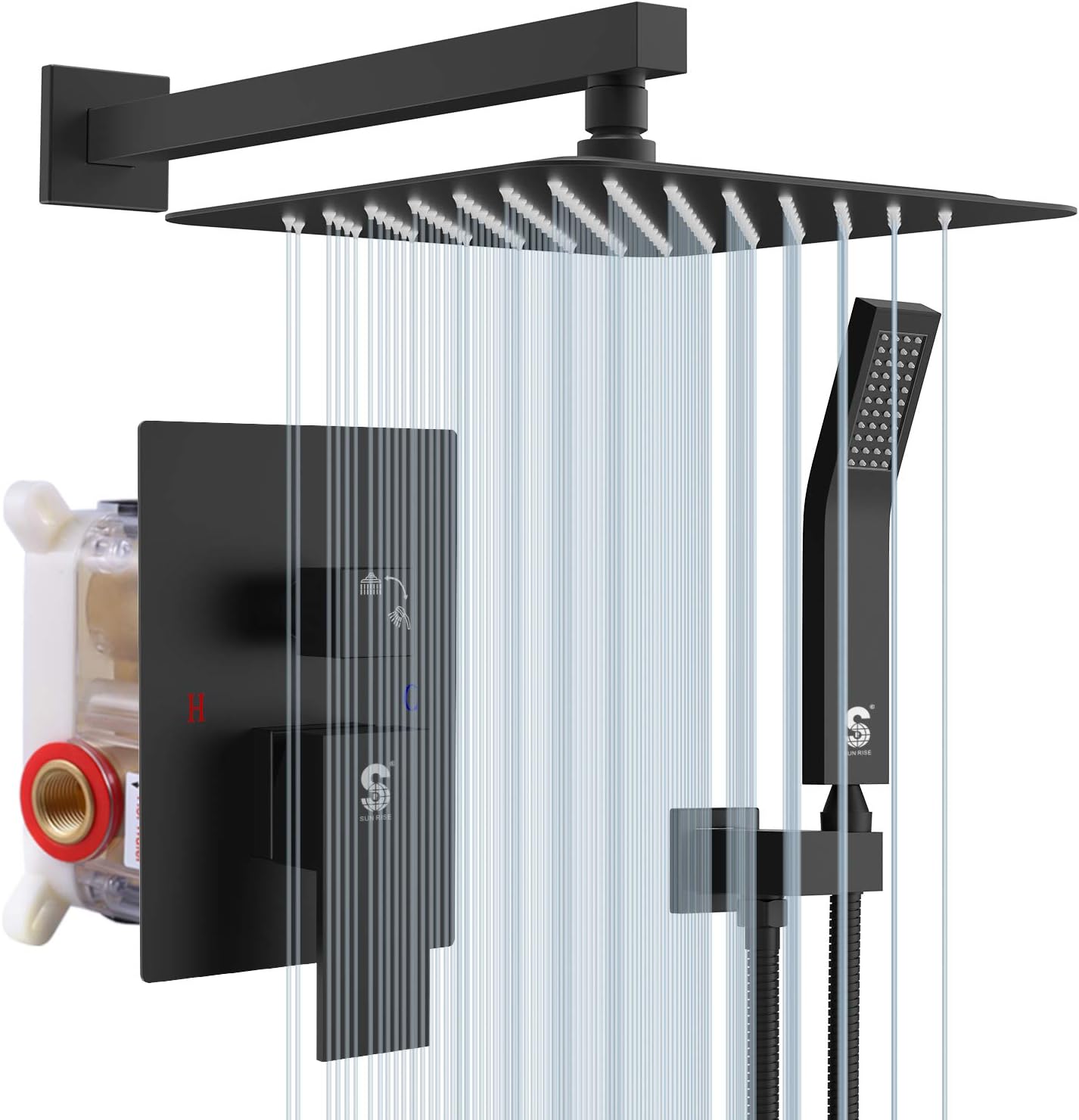 SR SUN RISE 12 Inches Bathroom Luxury Rain Mixer Shower Combo Set Wall Mounted Rainfall Shower Head System Brushed Nickel Finish Shower Faucet Rough-In Valve Body and Trim Included - - 