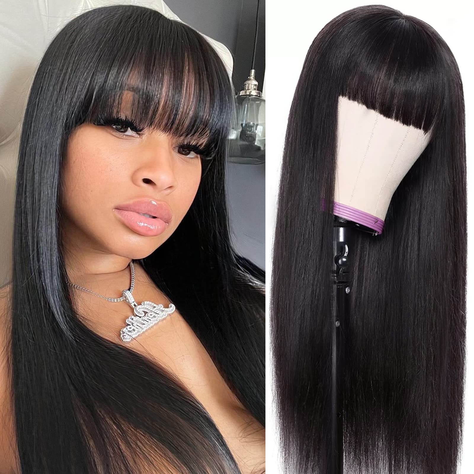 Photo 1 of Lativ Human Hair Wigs with Bangs Straight Bang Wigs for Black Women, 16 Inch, Straight, 150% Density, Brazilian, Glueless, None Lace Front Wig, Human Hair, Natural Black Color